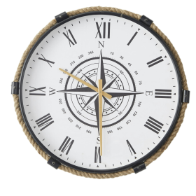 DecMode Stainless Steel Nautical with Printed Compass Design Arabic Numbered Wall Clock 20"W x 19"H, with Brown, Black, White and Gold Finishes