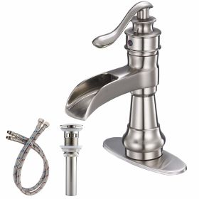 Waterfall Single Hole Single-Handle Low-Arc Bathroom Faucet With Pop-up Drain Assembly in Brushed Nickel (Color: Brushed nickel)